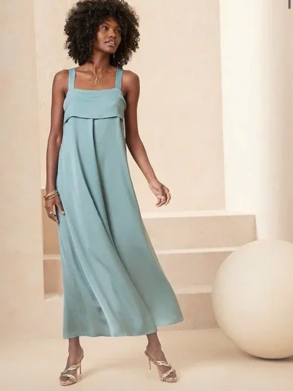Banana Republic tie back silky Square-Neck Midi Dress in Dusty Teal